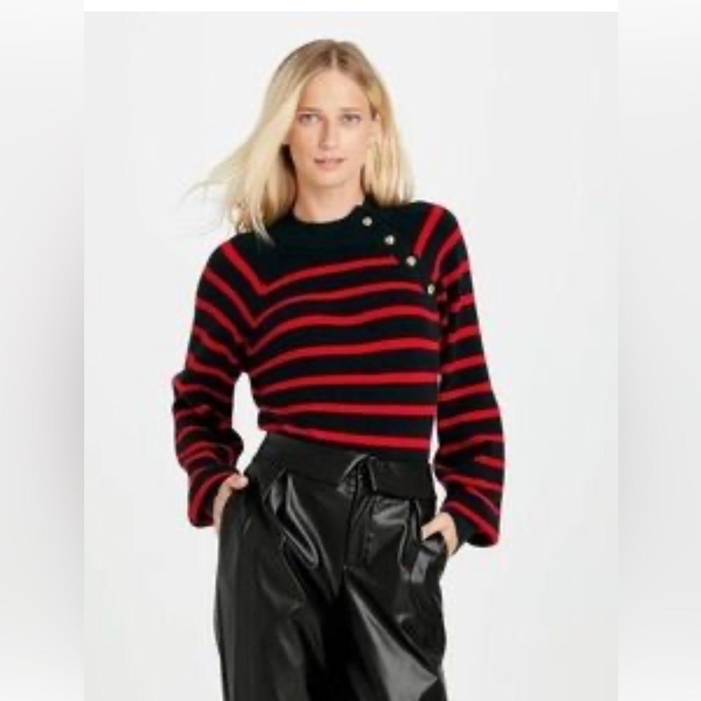 Who What Wear Black and Red Knit Top with Gold Button Accent